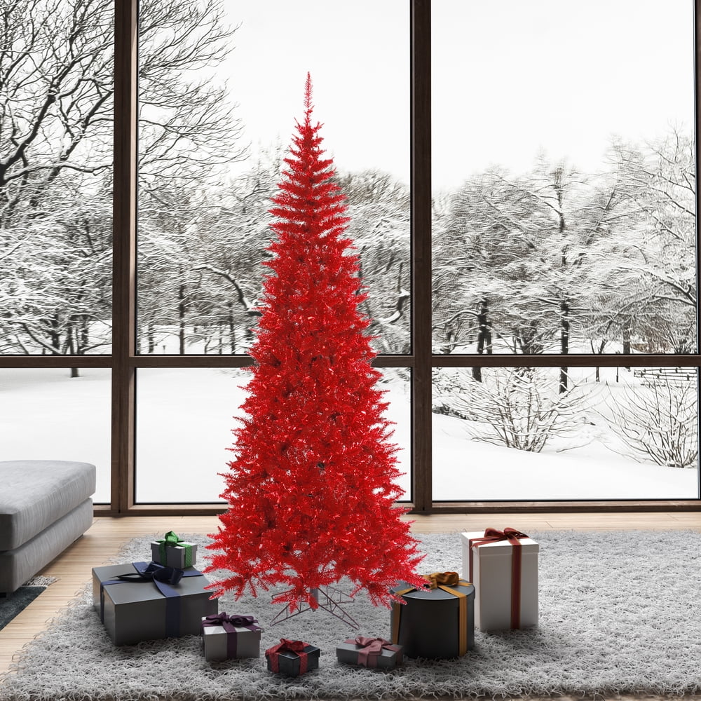 Vickerman 7.5' Tinsel Red Fir Slim Artificial Christmas Tree, Unlit - Faux Red Christmas Tree - Seasonal Indoor Home Decor