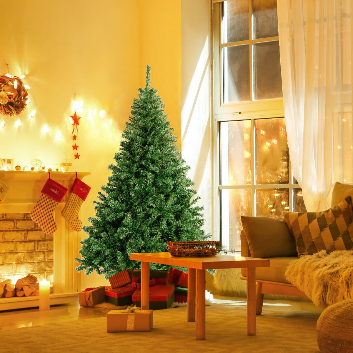 Gymax 7.5 ft Unlit Artificial Christmas Tree Hinged Spruce Xmas Tree w/ Metal Stand