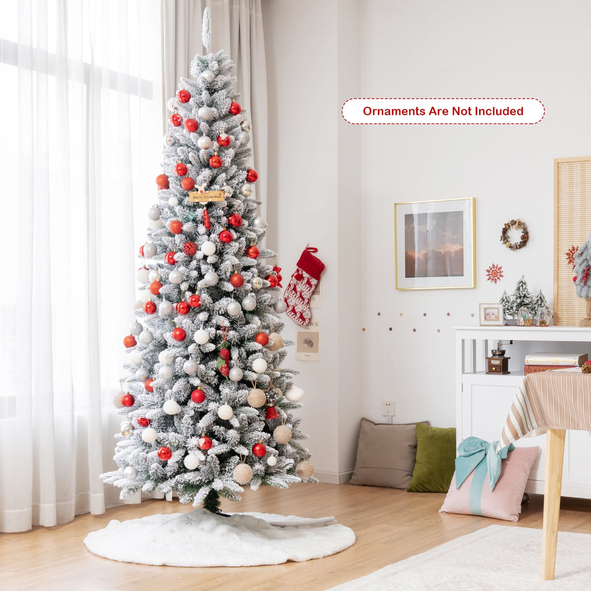 Gymax Green Snow Flocked Slim Pencil Unlit Artificial Christmas Tree, 7.5'