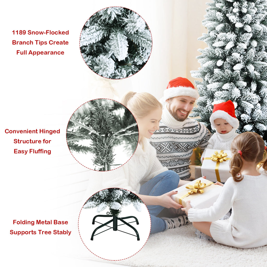 Gymax Green Snow Flocked Slim Pencil Unlit Artificial Christmas Tree, 7.5'
