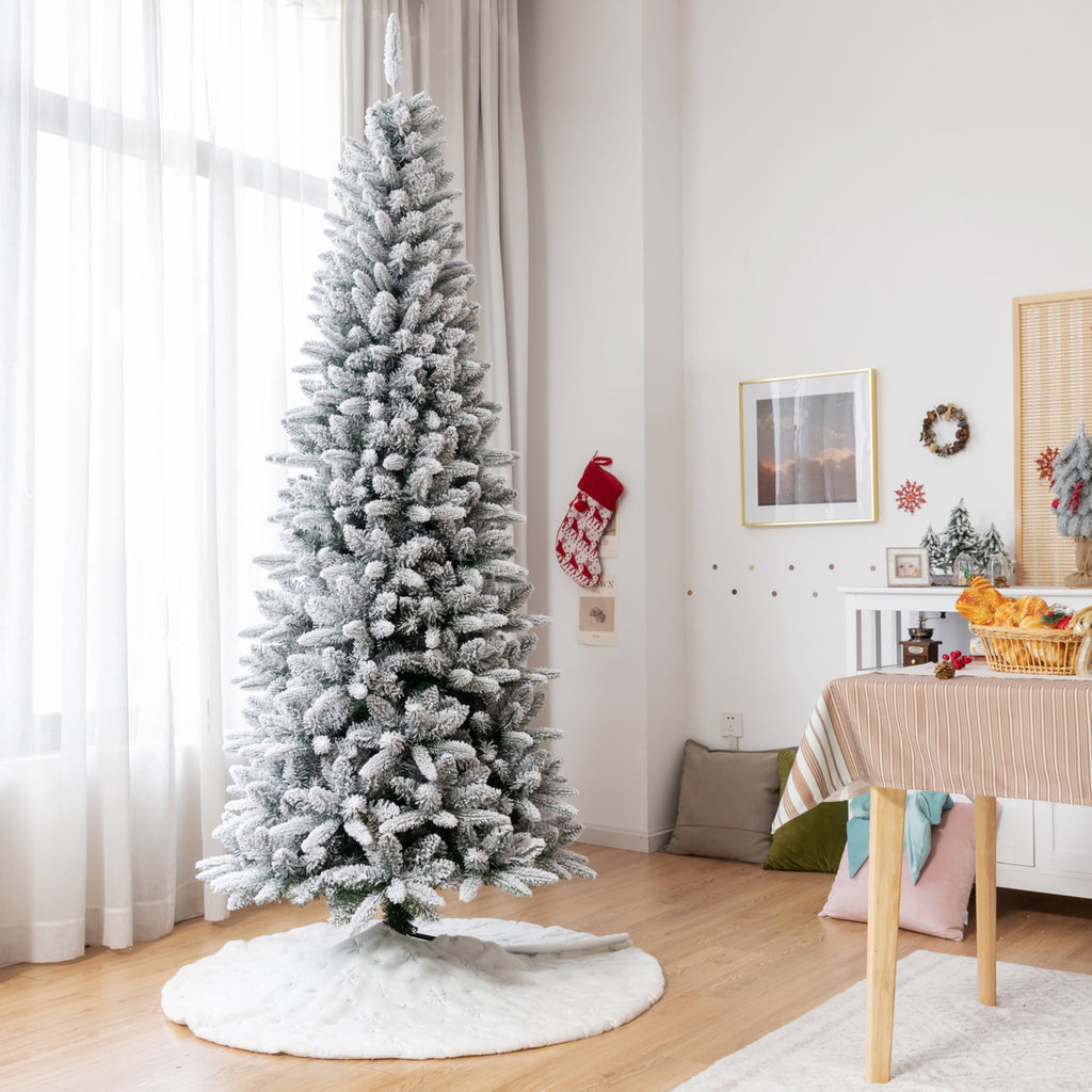 Gymax Green Snow Flocked Slim Pencil Unlit Artificial Christmas Tree, 7.5'