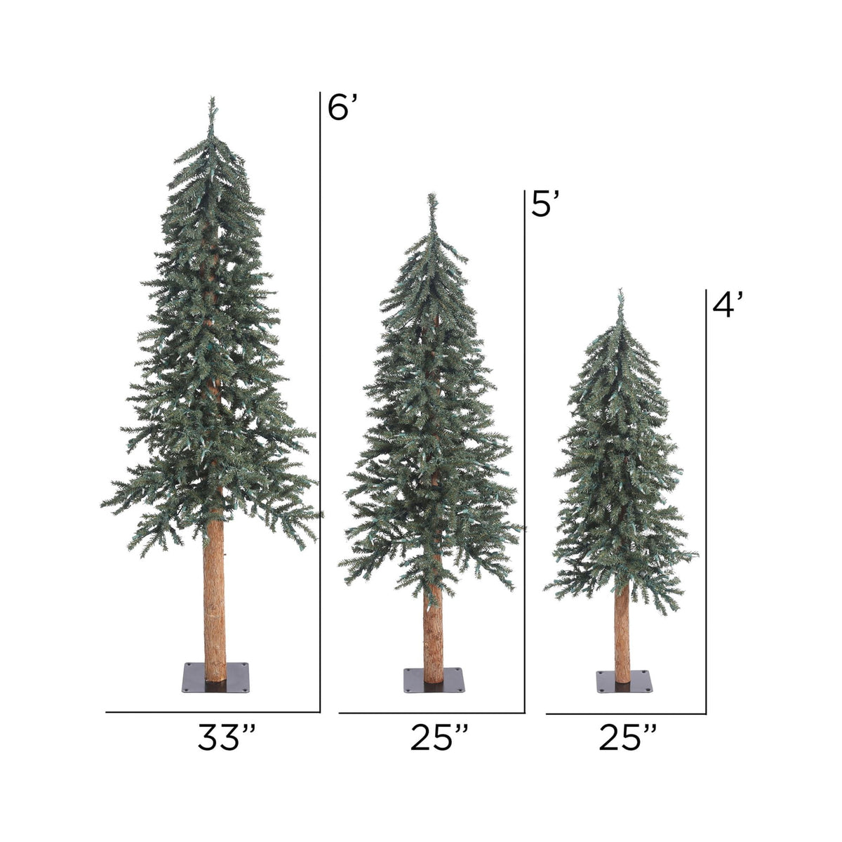Vickerman 4' 5' 6' Natural Bark Alpine Artificial Christmas Tree Set, Unlit