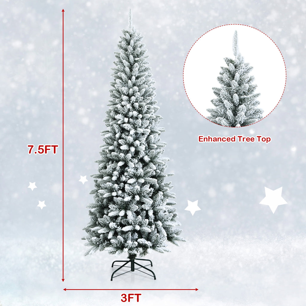 Gymax Green Snow Flocked Slim Pencil Unlit Artificial Christmas Tree, 7.5'