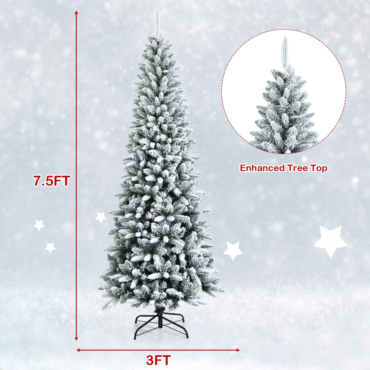 Gymax Green Snow Flocked Slim Pencil Unlit Artificial Christmas Tree, 7.5'