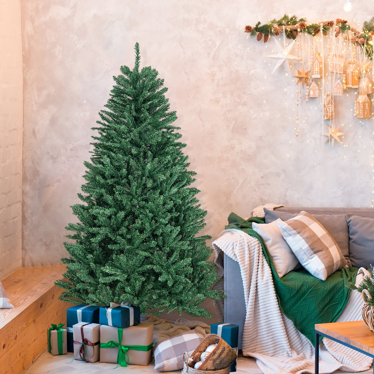 Gymax 7.5 FT Artificial Christmas Tree Hinged Christmas Tree w/ 2254 Lush Branch Tips