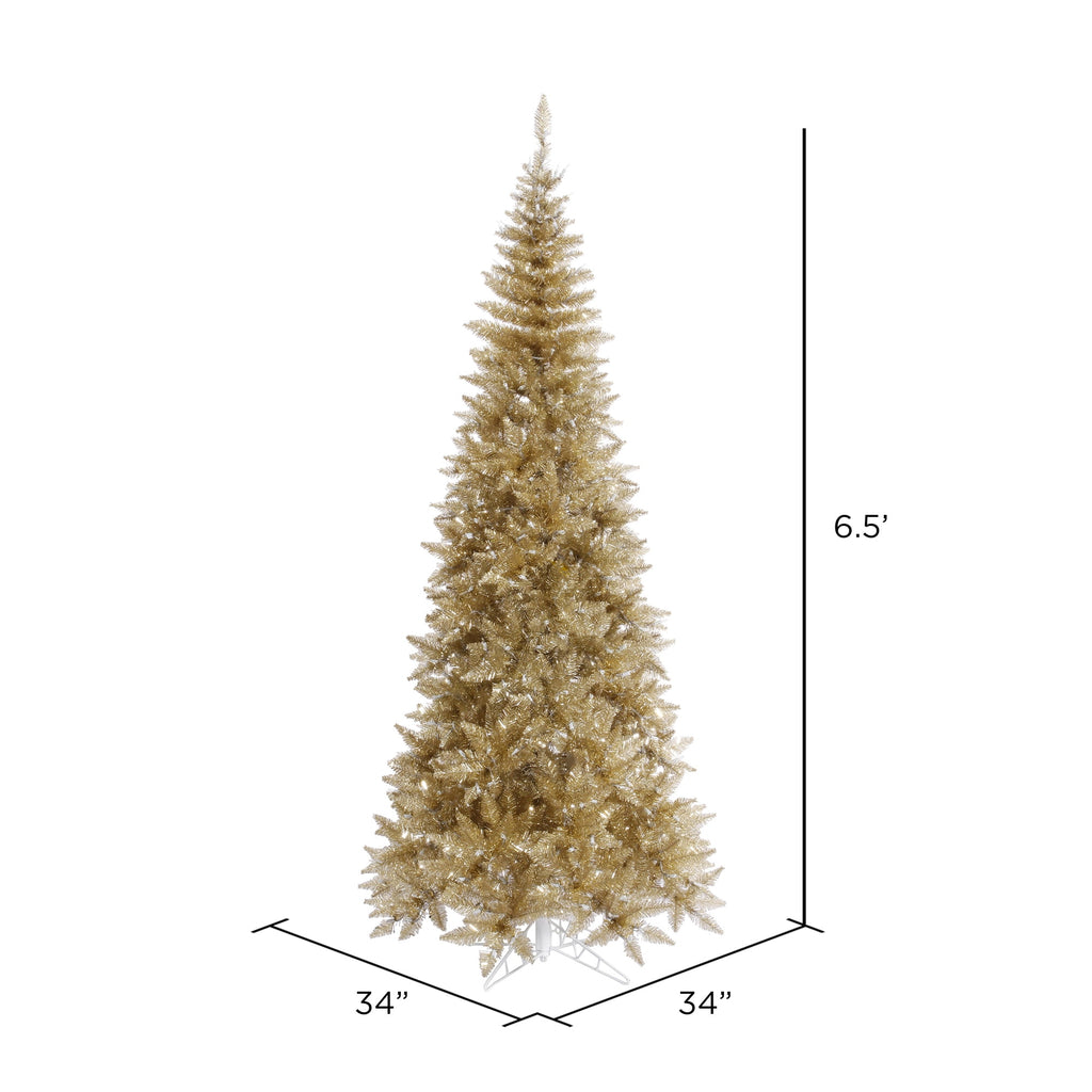 Vickerman 6.5' Champagne Tinsel Fir Slim Artificial Christmas Tree, Unlit