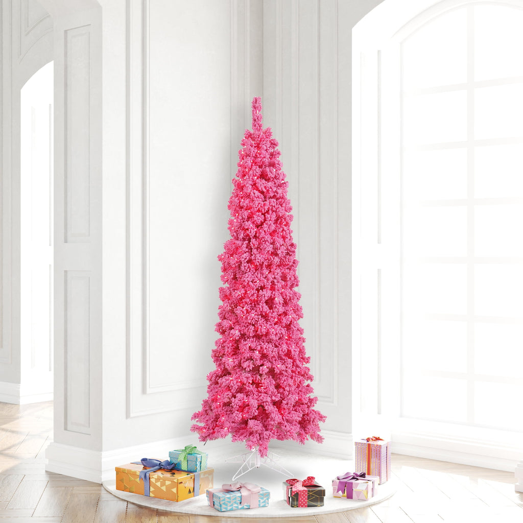 Vickerman 6.5' Flocked Pink Pencil Fir Artificial Christmas Tree, Pink Dura-lit LED Lights